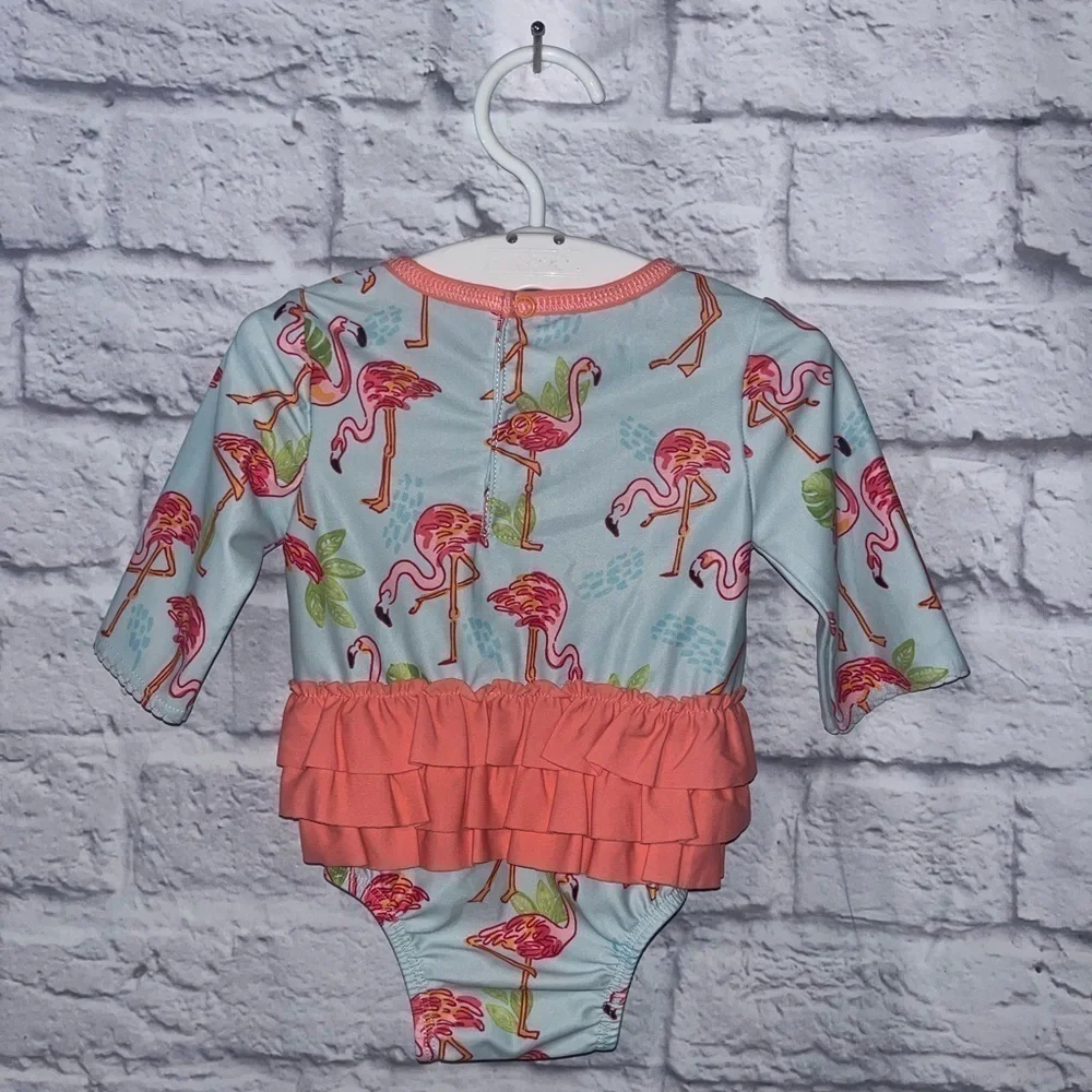 Girls Mud Pie Flamingo Rashguard Swimsuit Long sleeve Pink Ruffled back 3-6
